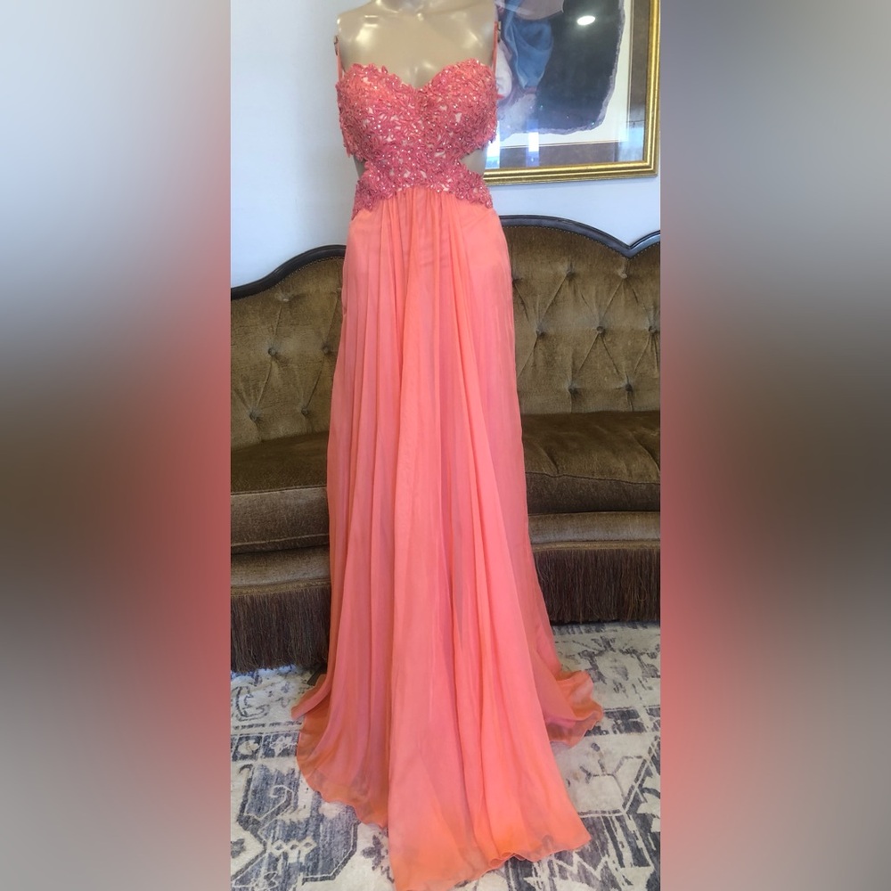 La Femme cut out Coral Pink Pleated Maxi dress size 0